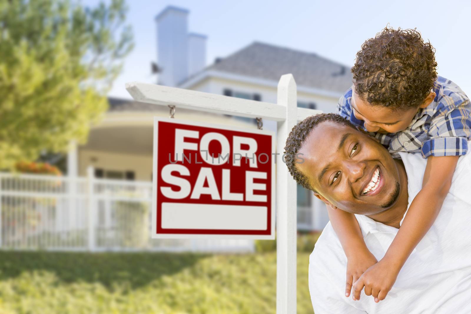 African American Father and Mixed Race Son, Sale Sign, House by Feverpitched