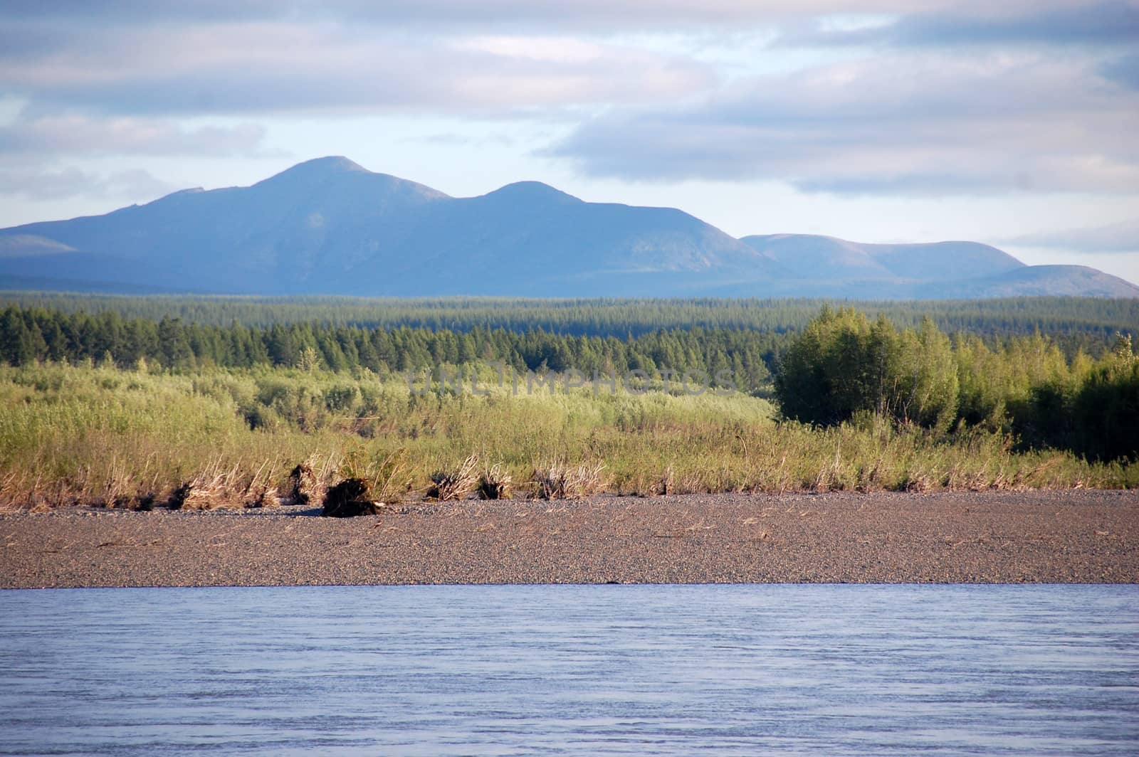 Mountain and taiga at Kolyma river Russia outback, Magadan and Yakutia region