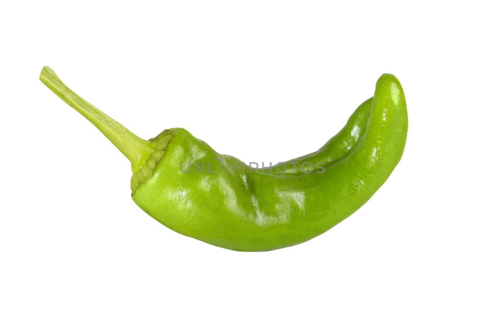 Close-up picture of a green chilli pepper with white background