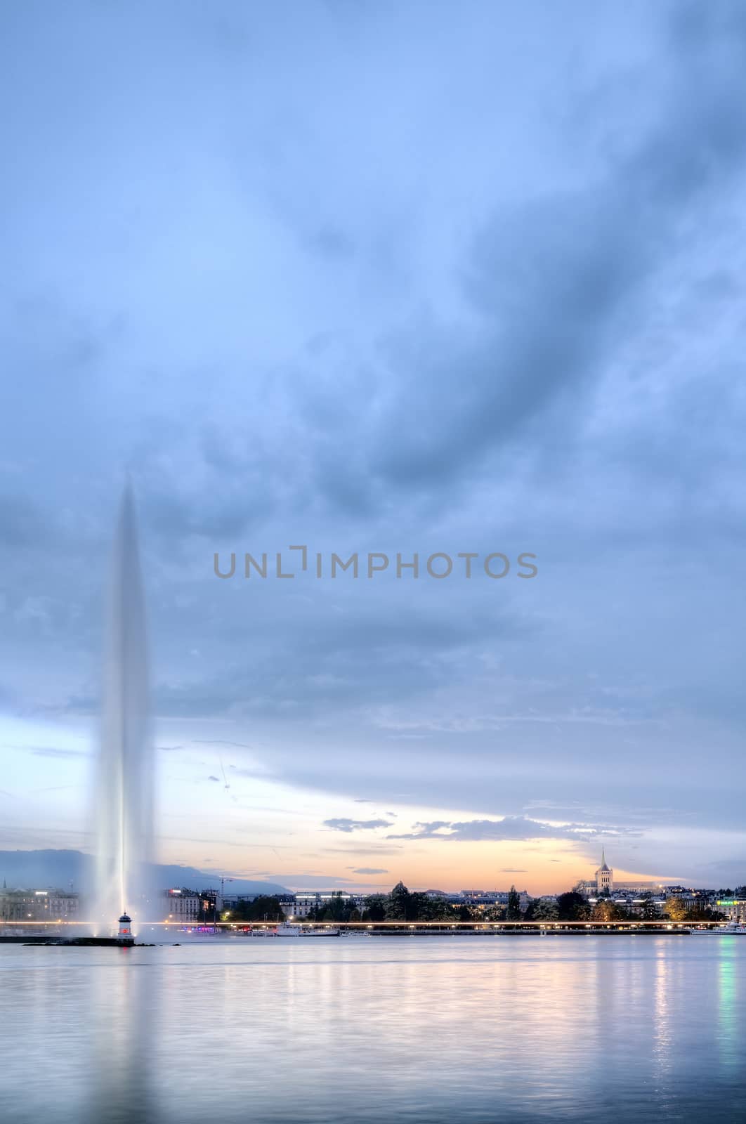 Famous Geneva fountain and lake by sunset, Switzerland, HDR