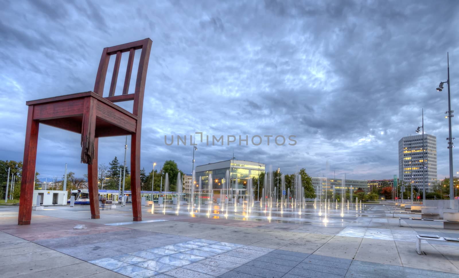 United-Nations place with its famous broken chair and fountains, Geneva, Switzerland, HDR