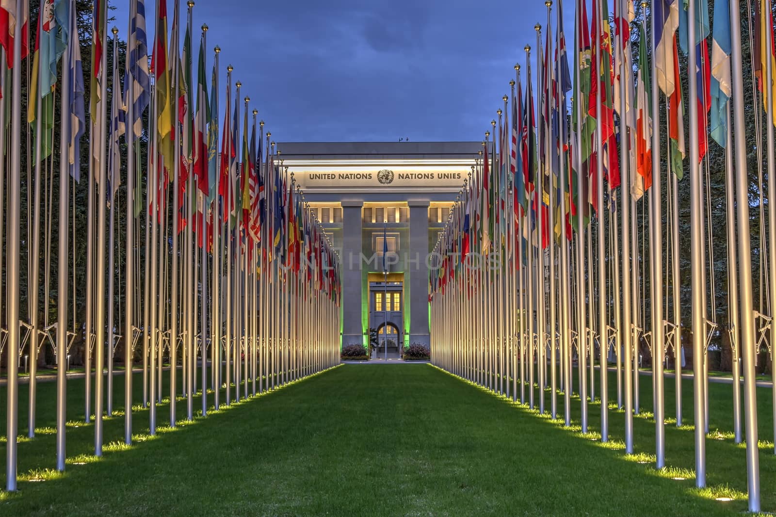 United-Nations by night in Geneva, Switzerland, HDR