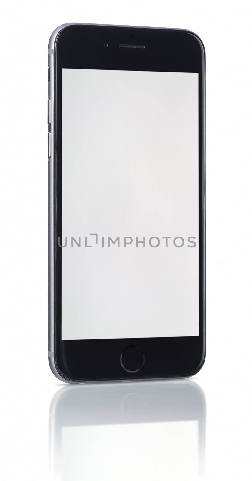 Galati, Romania - November 6, 2014: Apple Space Gray iPhone 6 showing blank screen.The new iPhone with higher-resolution 4.7 screens, improved cameras, new sensors, a dedicated NFC chip for mobile payments. Apple released the iPhone 6 and iPhone 6 Plus on September 9, 2014.