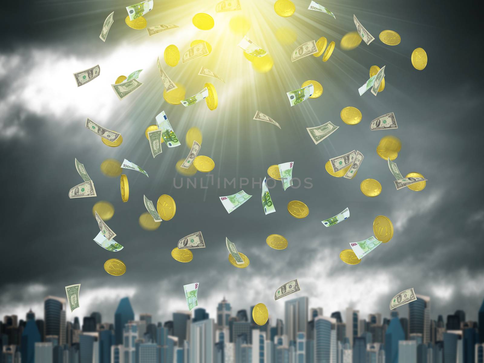Gold coins and banknotes falling from the sky by cherezoff
