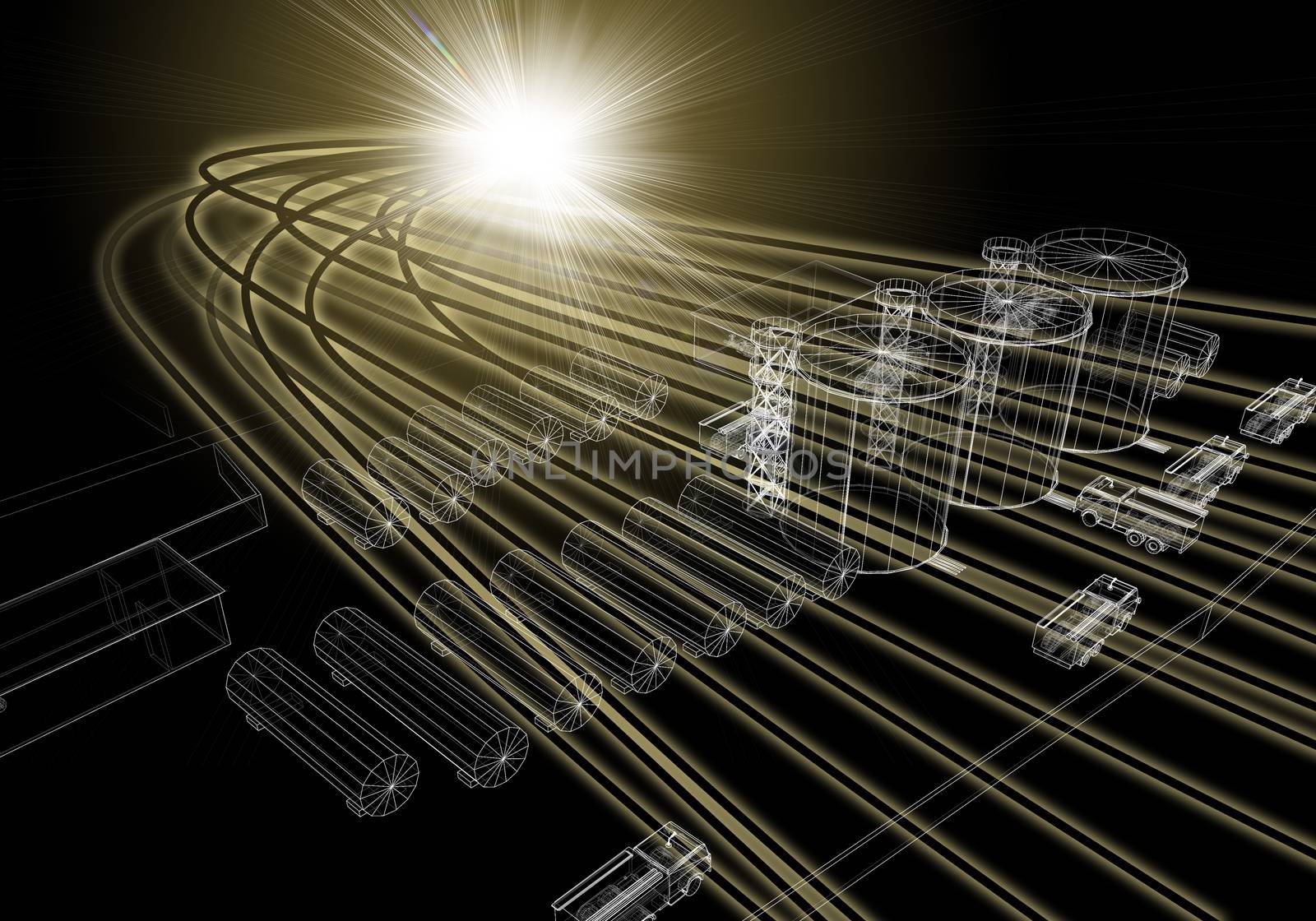 Wire-frame industrial tanks with light on dark background. Industrial concept