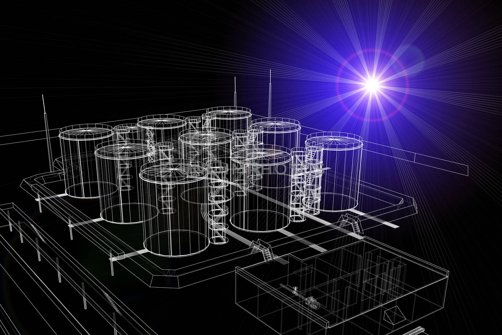Wire-frame industrial tanks with light on dark background. Industrial concept