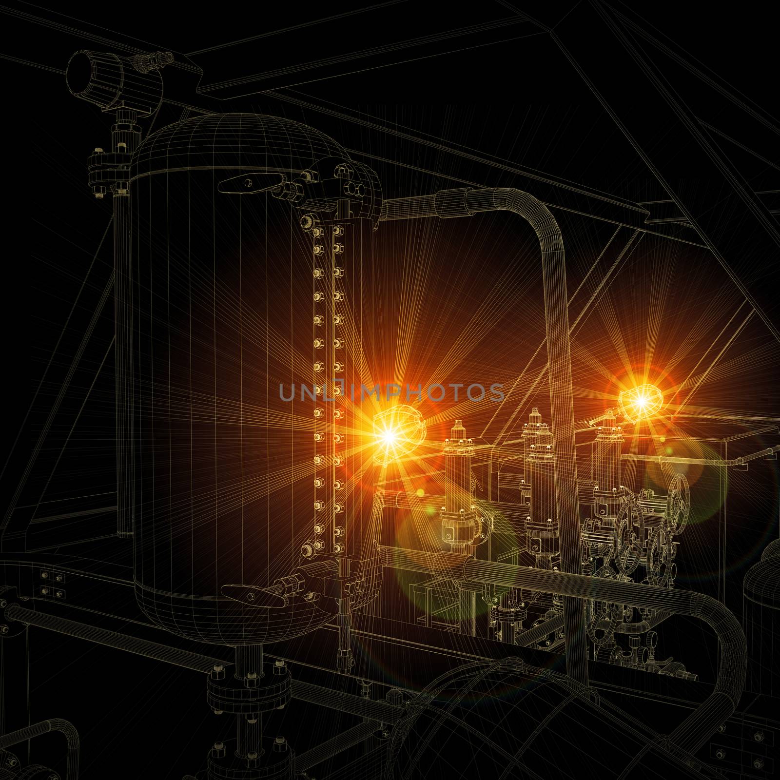 Wire-frame industrial equipment. Bright light and dark background. Industrial concept