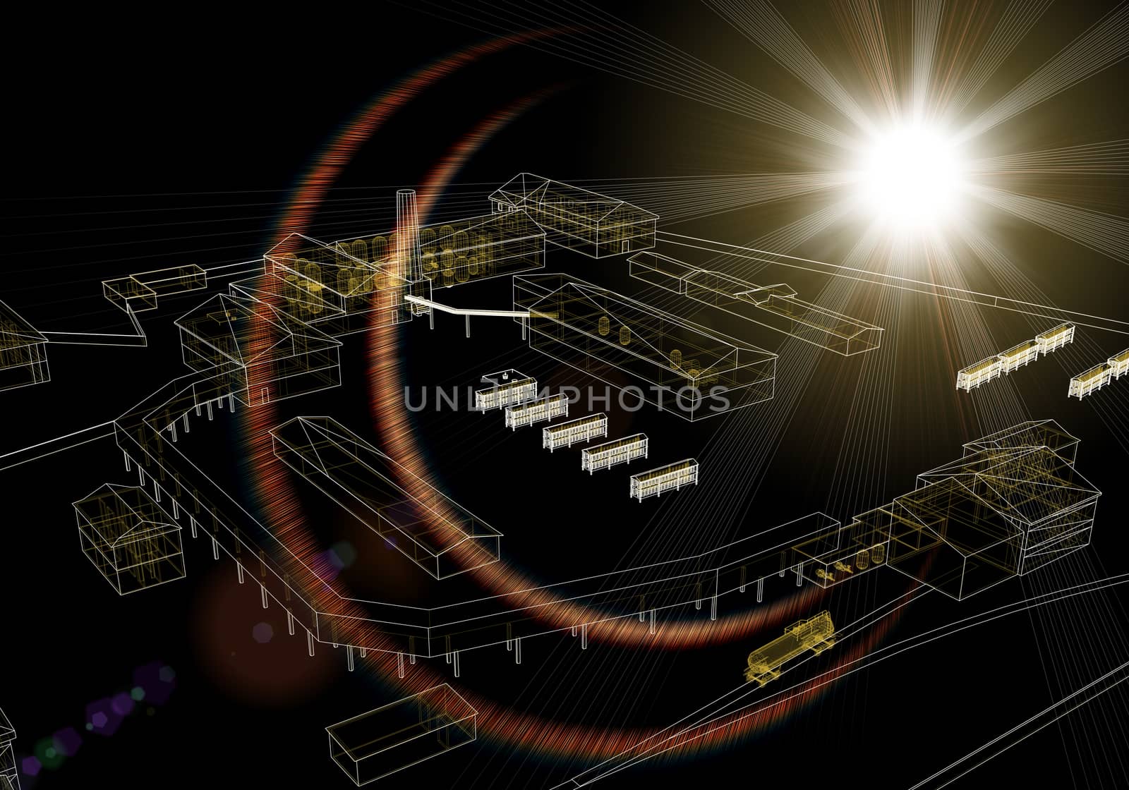 Wire-frame industrial buildings with light on dark background. Industrial concept