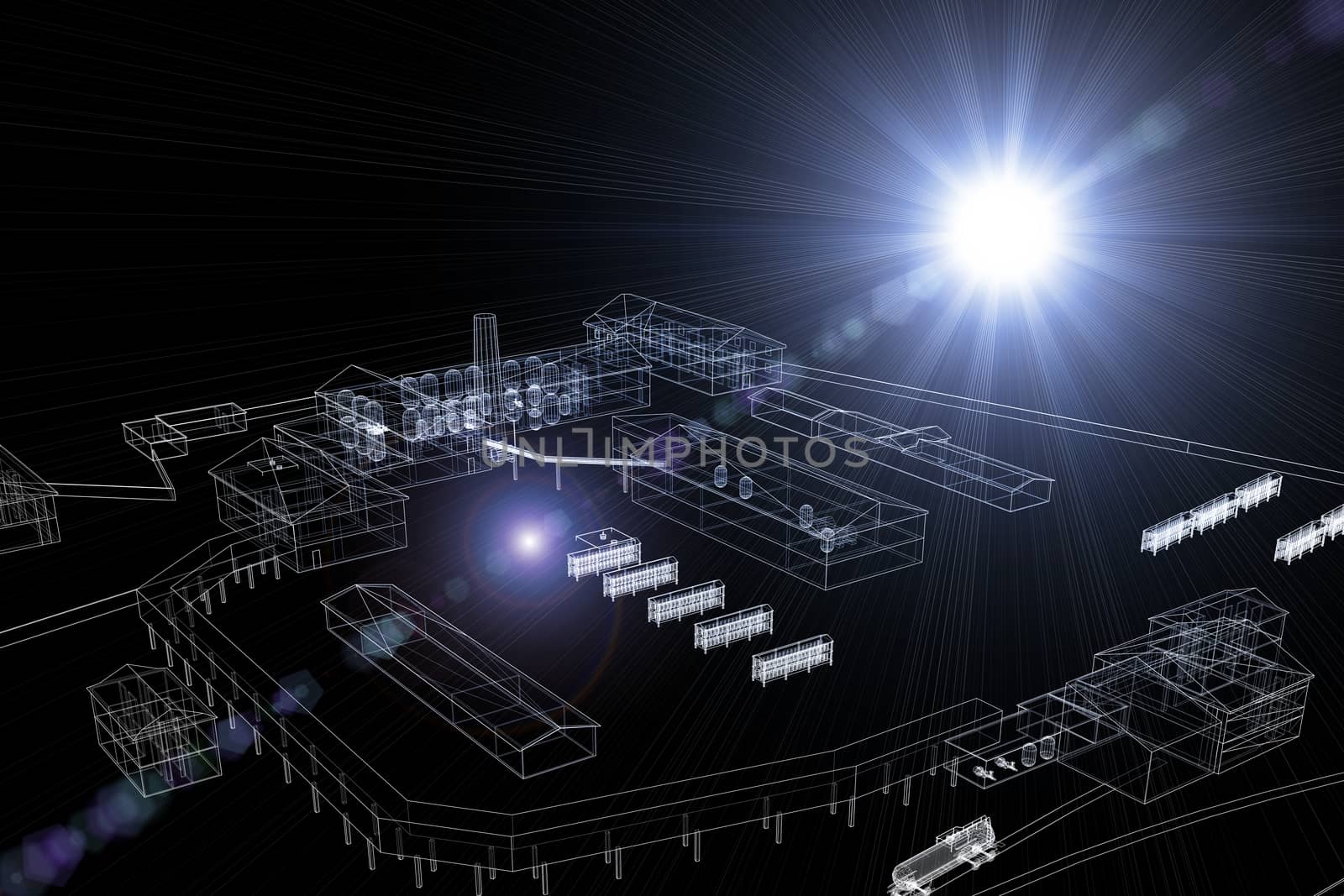 Wire-frame industrial buildings with light on dark background. Industrial concept