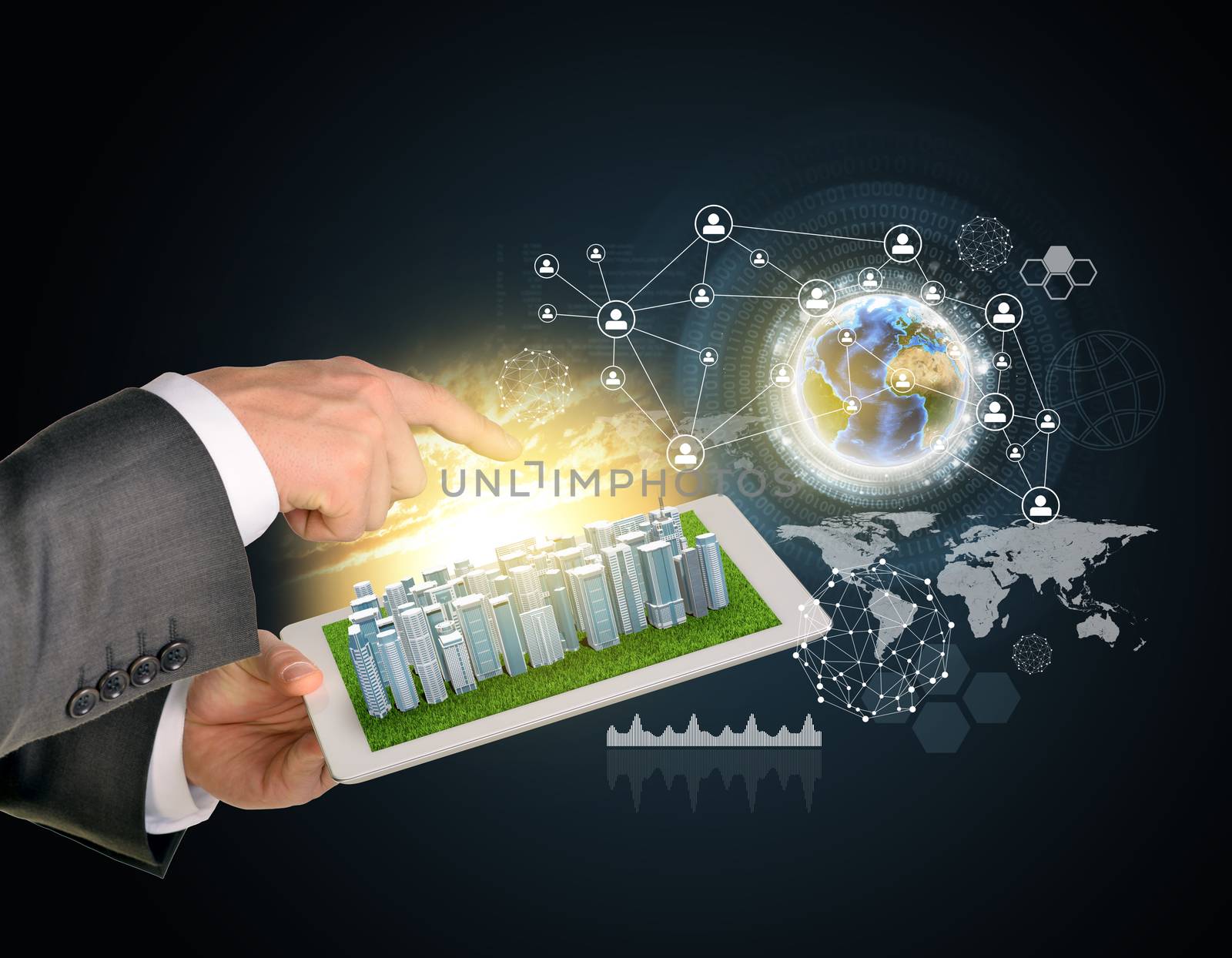 Man hands using tablet pc. Business city on touch screen. Earth with network near computer. Elements of tgis image furnished by NASA