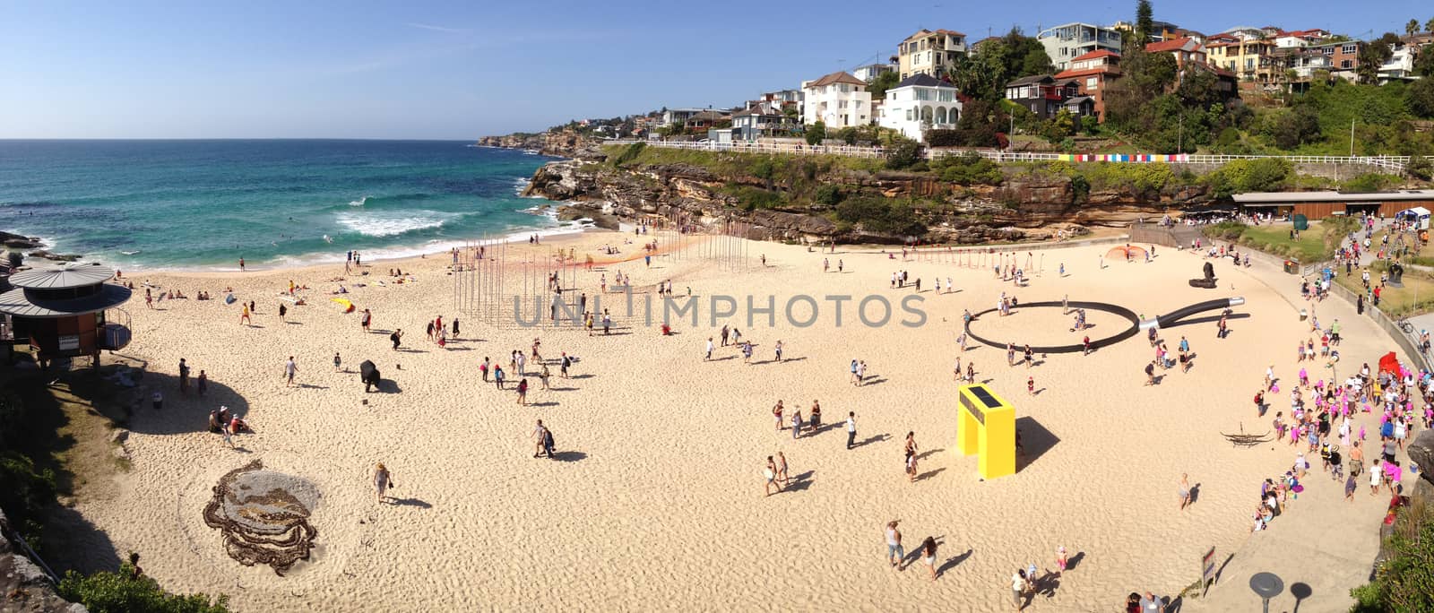 BONDI, AUSTRALIA -  NOVEMBER 9, 2014; Sculpture by the Sea free public event 2014.  Overhead view of some of the sculptures on Tamarama Beach, during the annual Sculptures by the Sea festival.