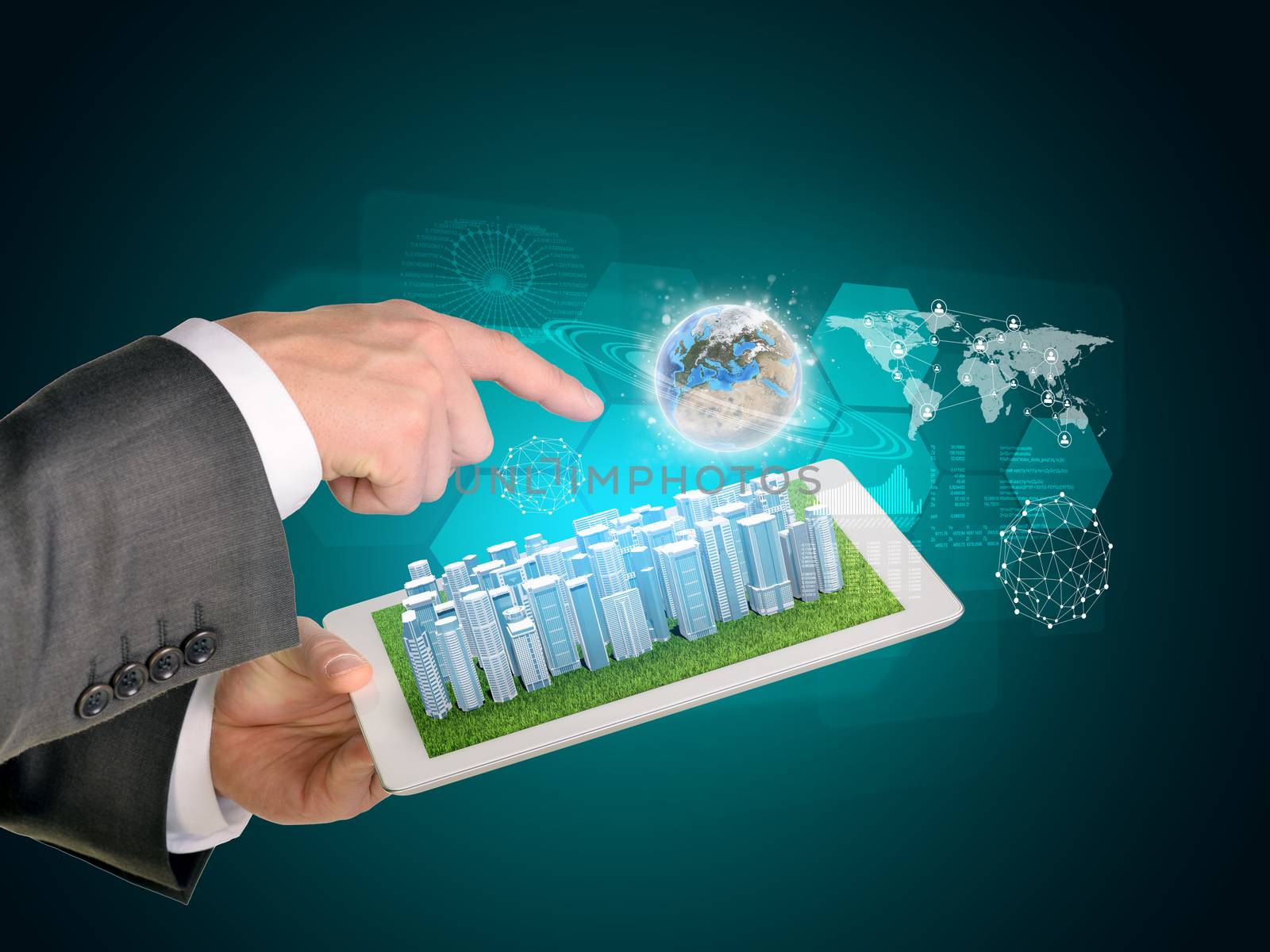 Man hands using tablet pc. Business city on touch screen. Earth near computer. Elements of tgis image furnished by NASA