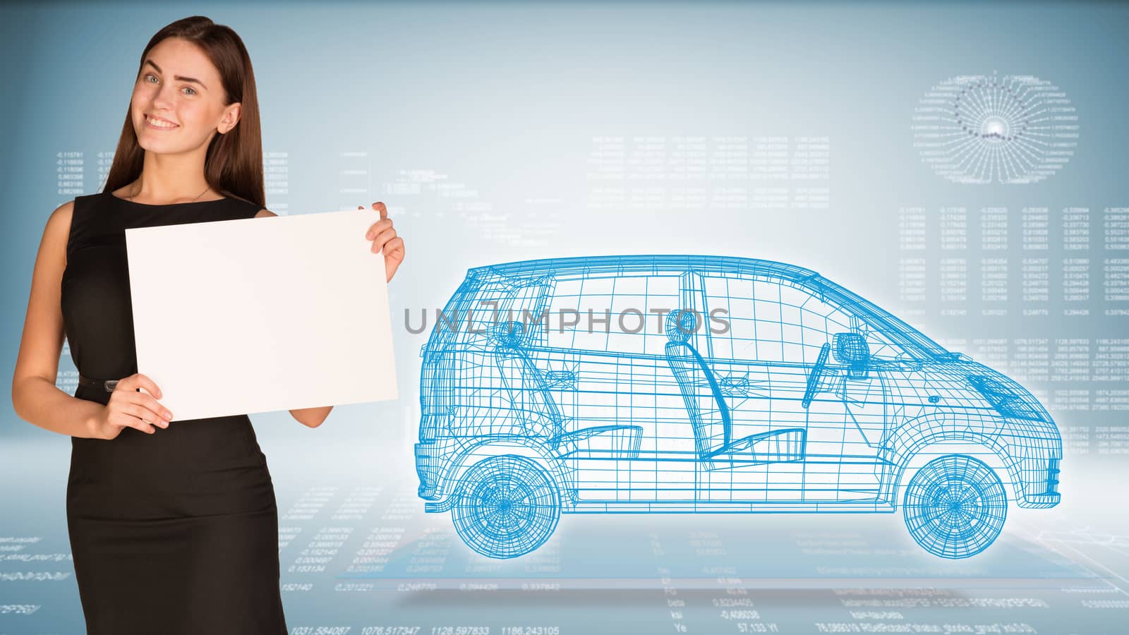 Businesswoman hold paper sheet. Wire-frame family car on transparent plane by cherezoff