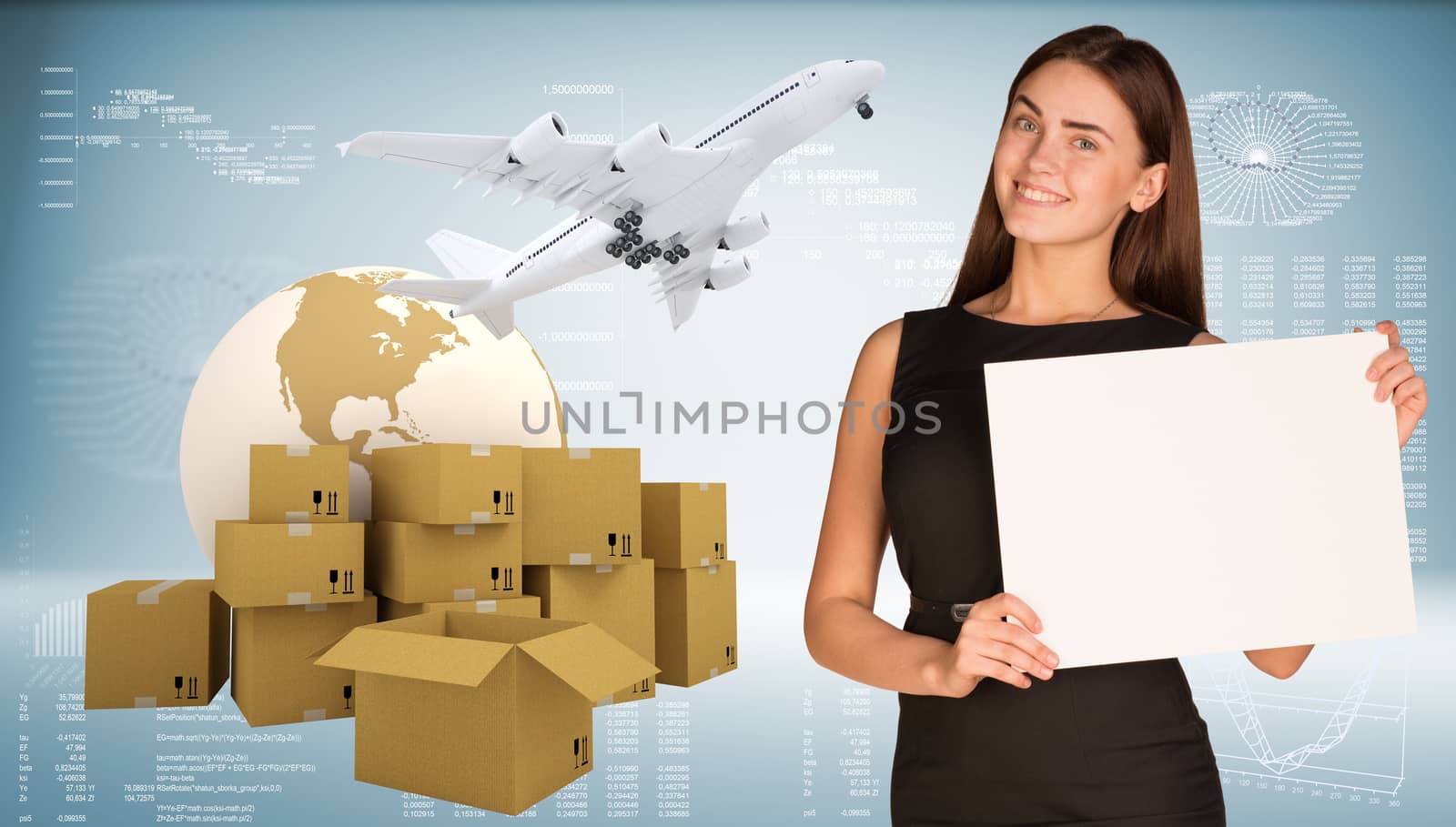 Businesswoman hold paper sheet. Earth with heap brown cardboard boxes and flying airplane are located next by cherezoff