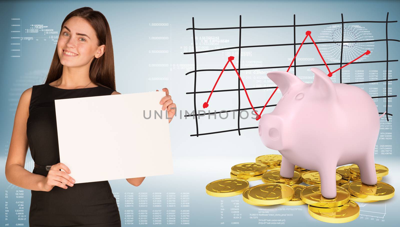 Businesswoman hold paper sheet. Pink piggy bank standing on gold coins by cherezoff
