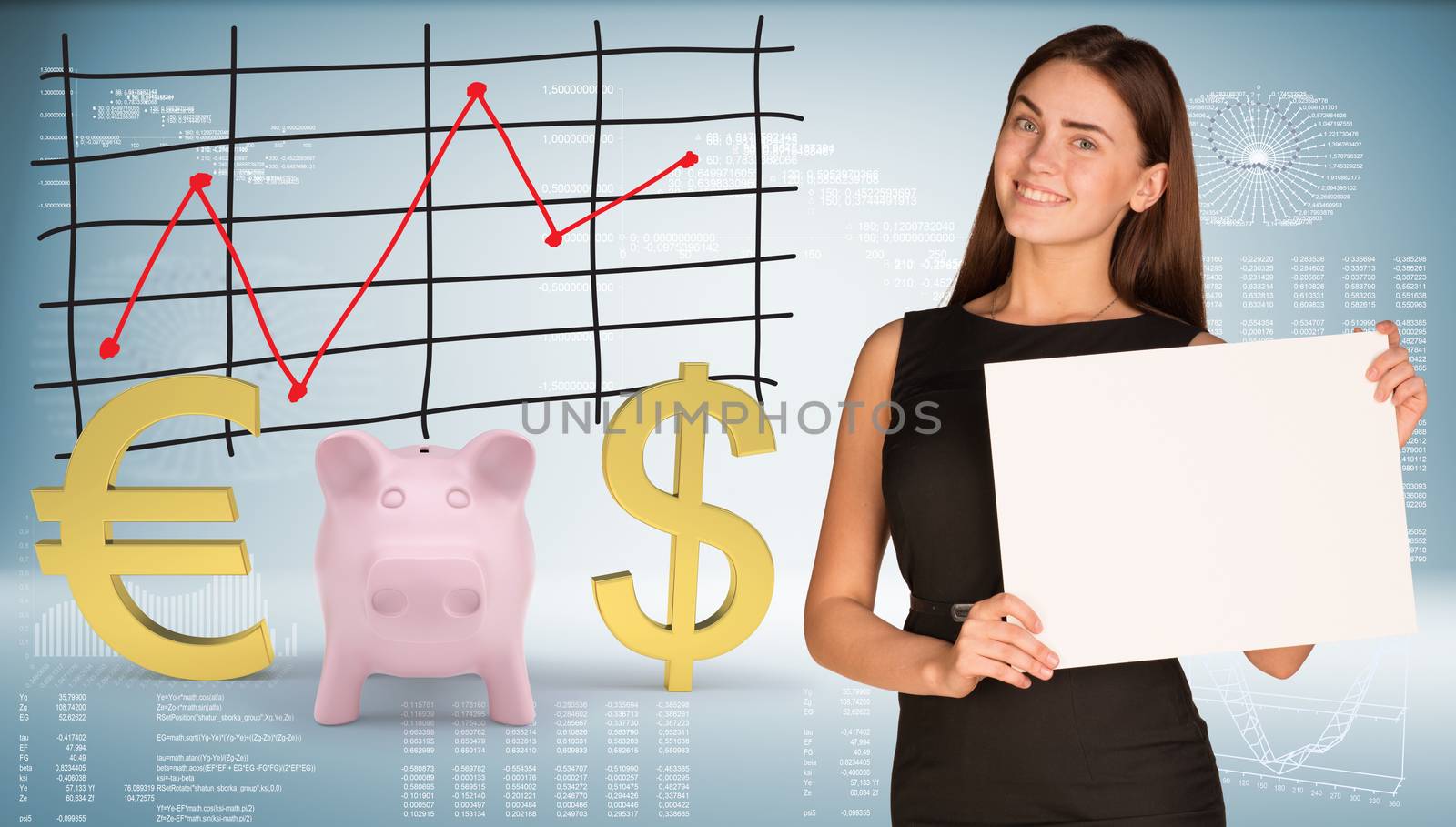 Businesswoman hold paper sheet. Pink piggy bank with dollar sign and euro sign are located next. Hi-tech graphs as backdrop