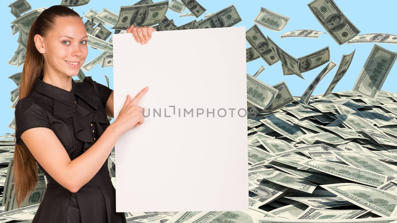 Businesswoman hold paper sheet. Dollars banknotes falling in heap as backdrop. Business concept