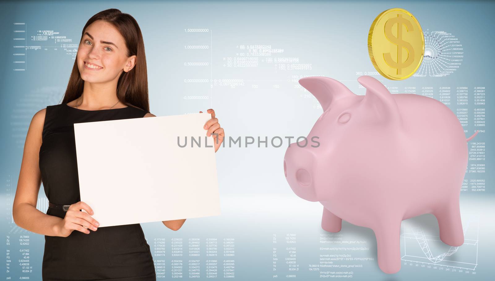 Businesswoman hold paper sheet. Pink piggy bank with gold coin are located next. Hi-tech graphs as backdrop