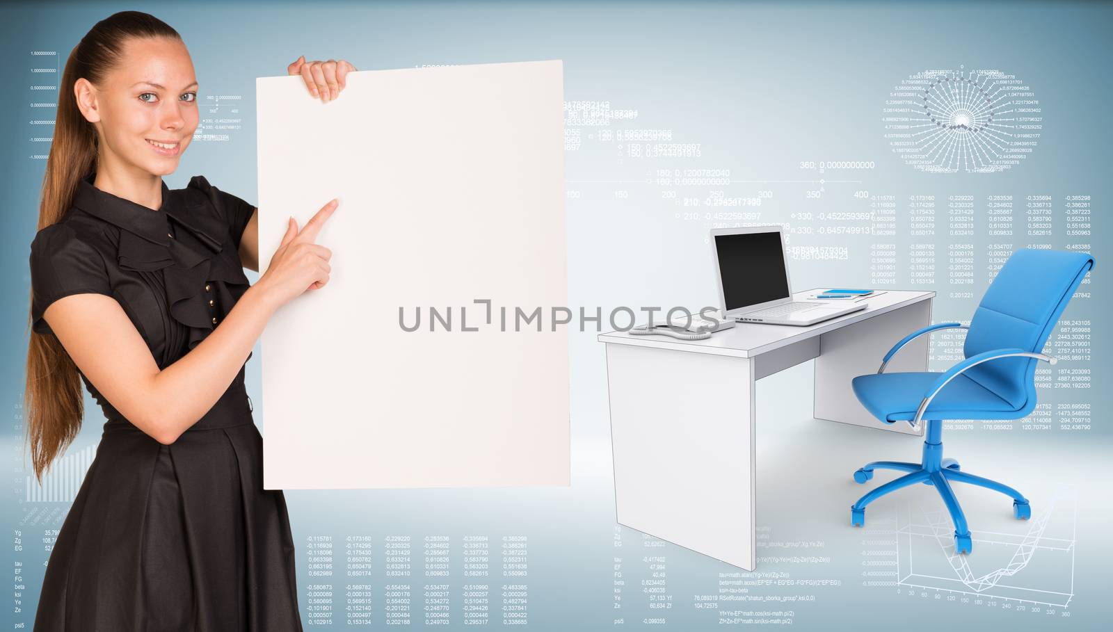 Businesswoman hold paper sheet. Office table with chair and laptop are located next by cherezoff