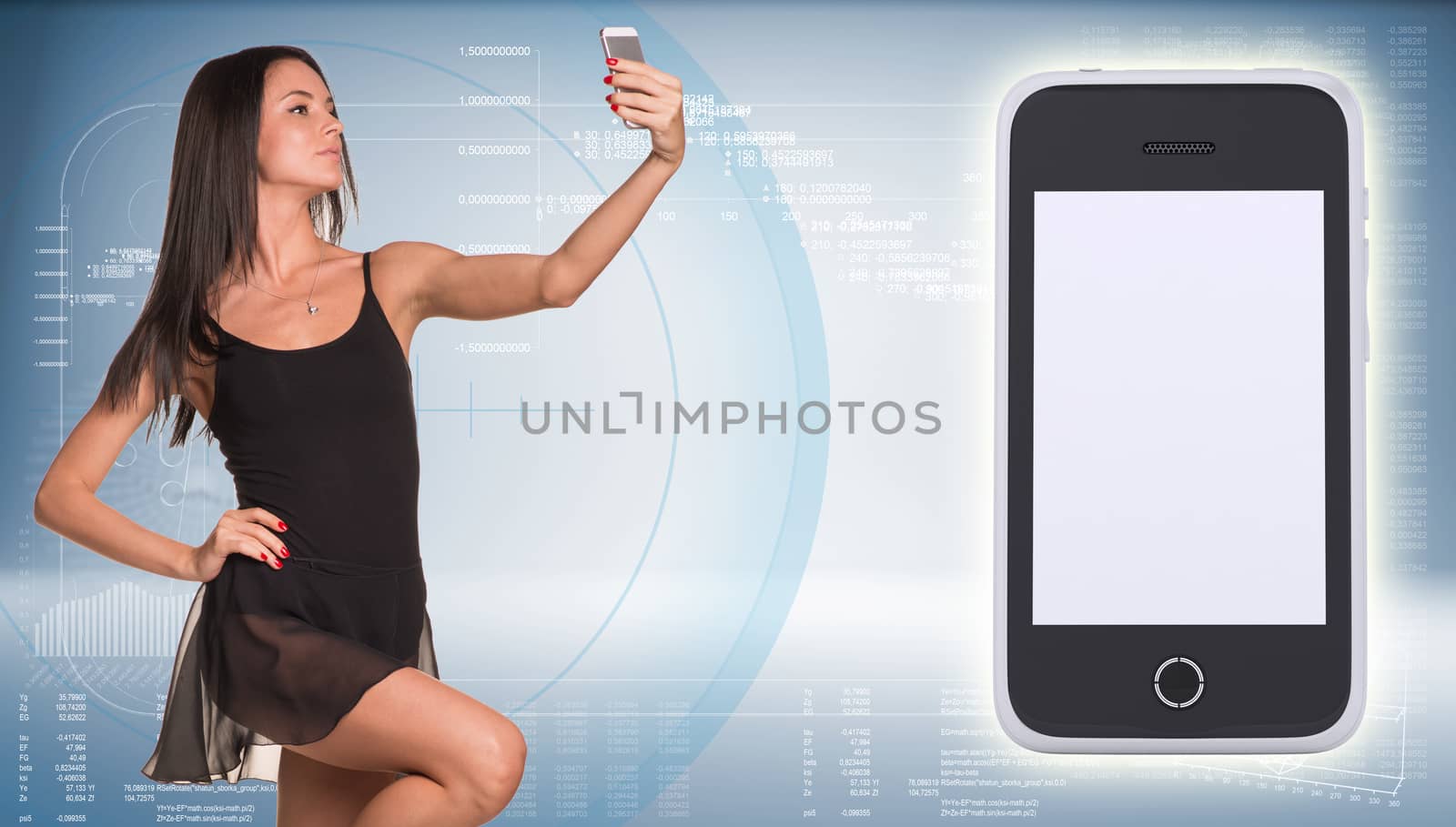 Beautiful dancer makes selfie from your mobile phone. Hi-tech graphs as backdrop