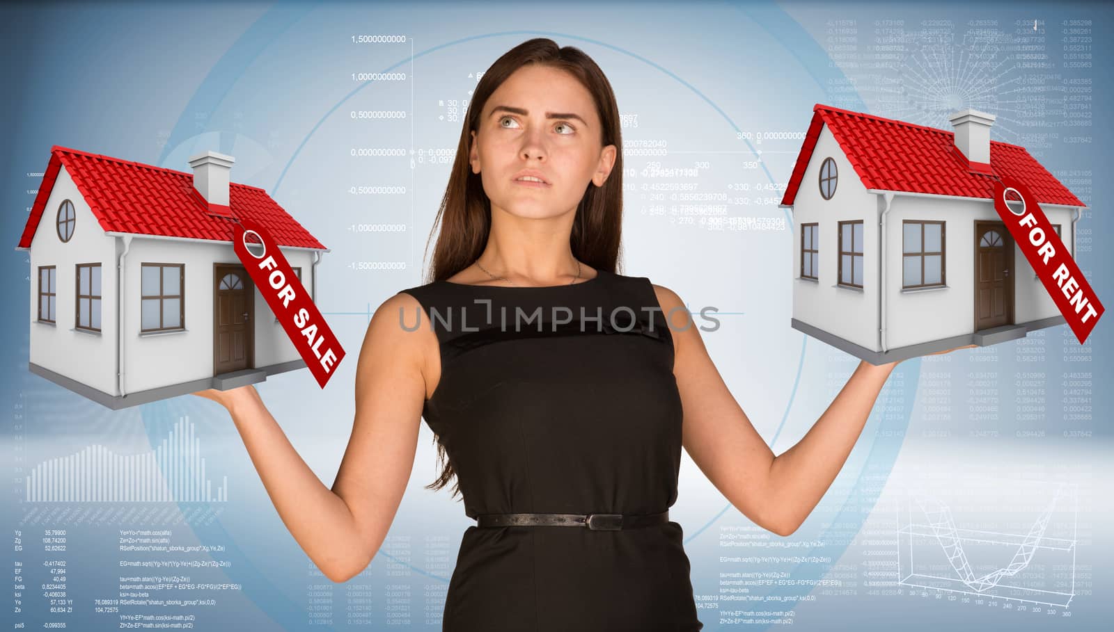 Businesswoman holding two house with tags for sale and rent. Hi-tech graphs as backdrop. Business concept