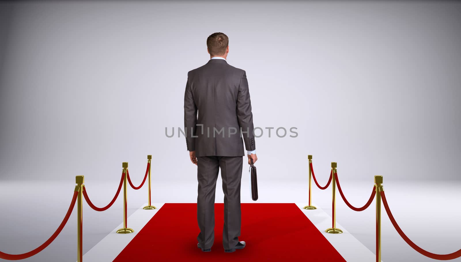 Businessman in suit holding briefcase and standing on red carpet. Rear view by cherezoff