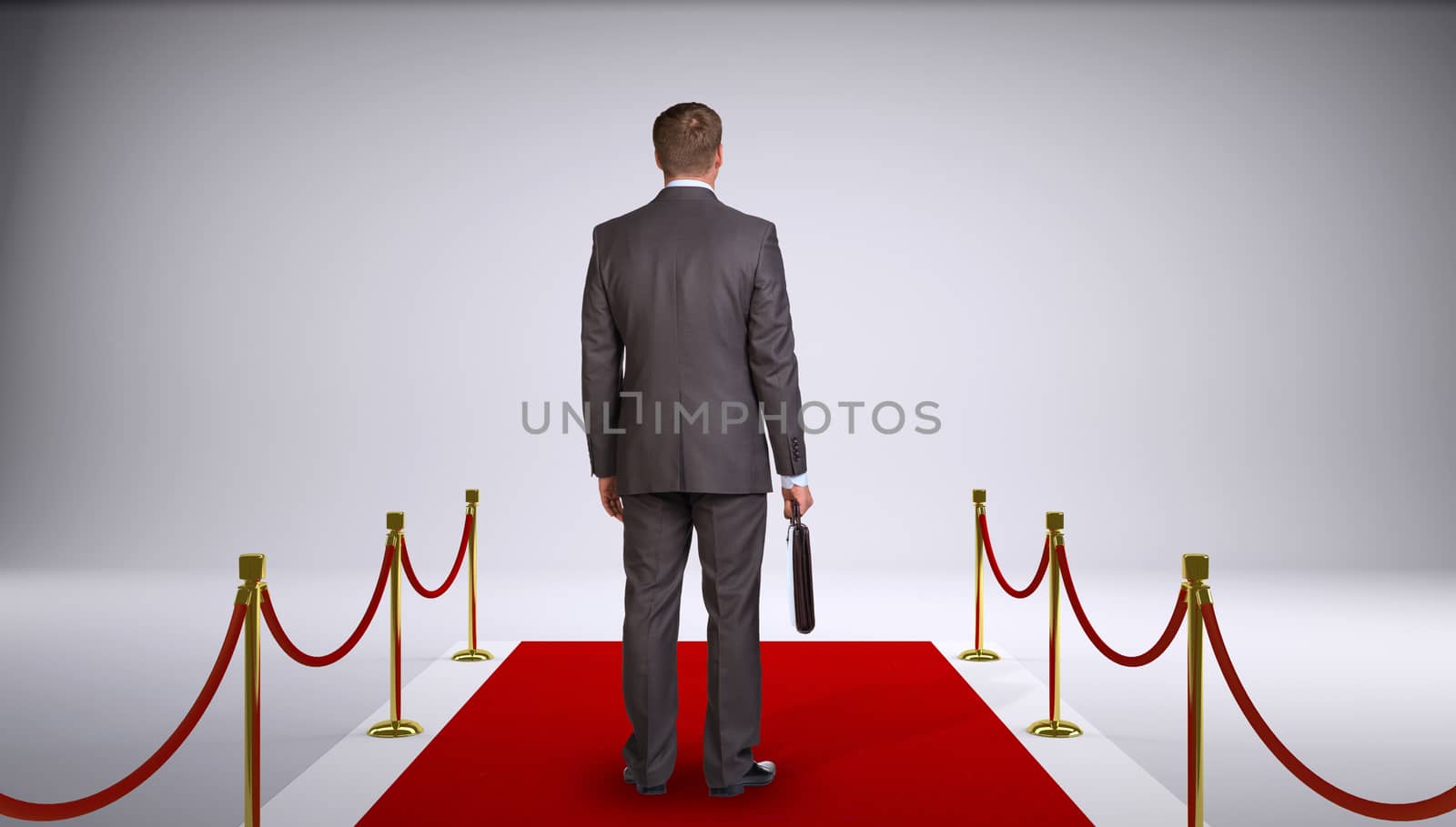 Businessman in suit holding briefcase and standing on red carpet. Rear view. Business concept