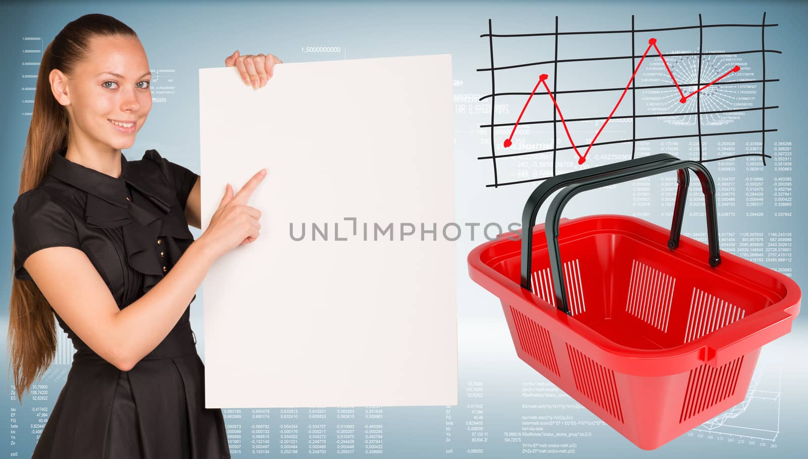 Beautiful businesswoman in dress smiling and holding empty paper sheet. Red shopping basket are located near. Graph as backdrop