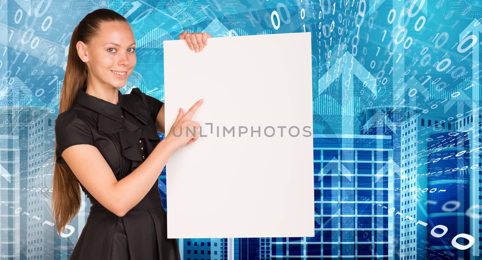 Beautiful businesswoman in dress holding empty paper sheet. Buildings, figures and arrows as backdrop by cherezoff