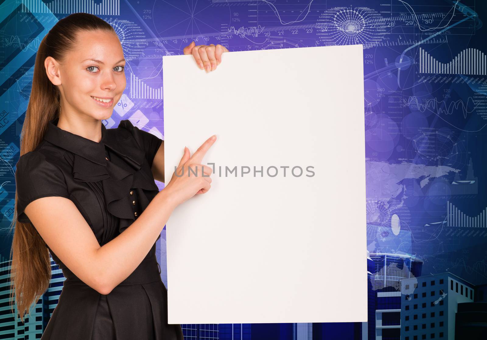 Beautiful businesswoman in dress holding empty paper sheet. Buildings and graphs as backdrop by cherezoff