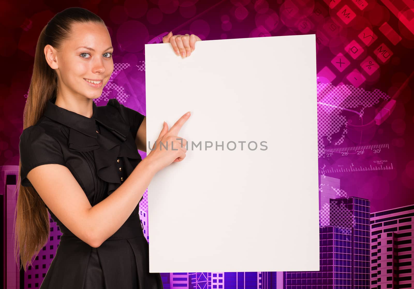 Beautiful businesswoman in dress smiling and holding empty paper sheet. Buildings and world map as backdrop