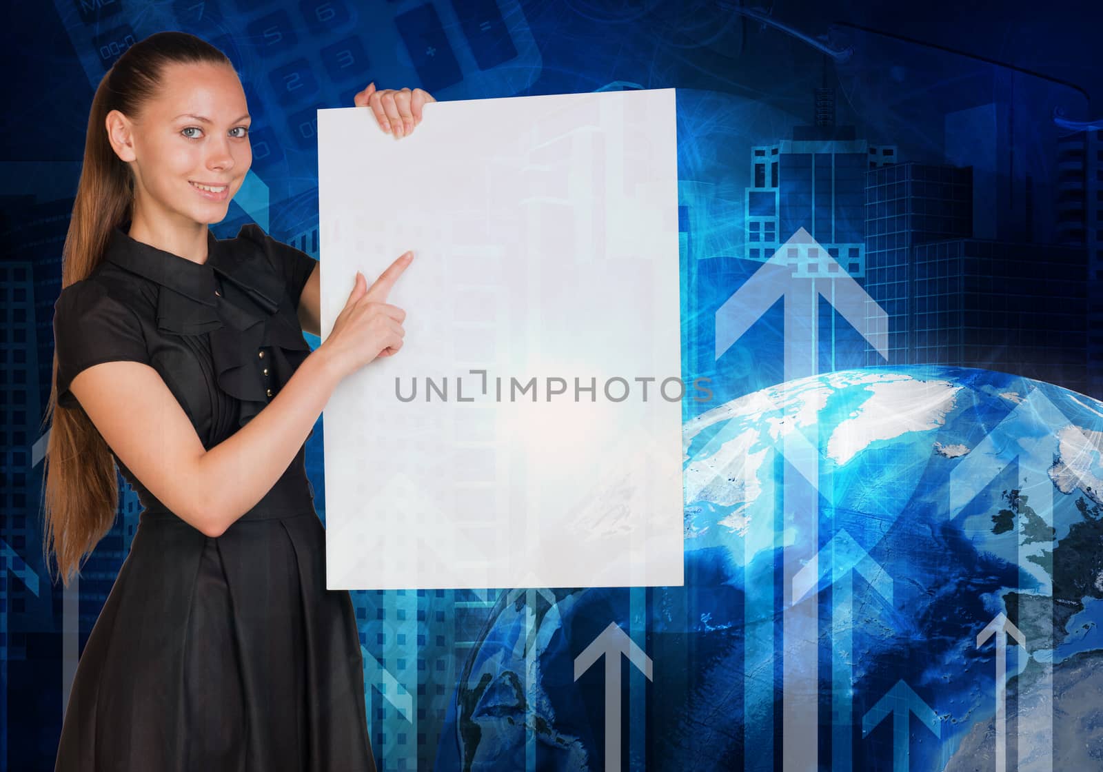 Beautiful businesswoman in dress smiling and holding empty paper sheet. Earth, arrows and buildings on background. Elements of this image furnished by NASA