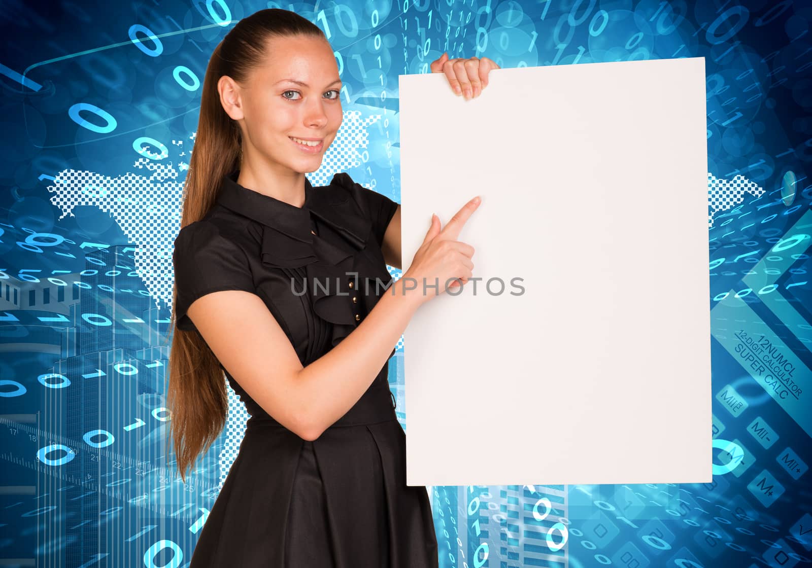 Beautiful businesswoman in dress smiling and holding empty paper sheet. World map with figures as backdrop