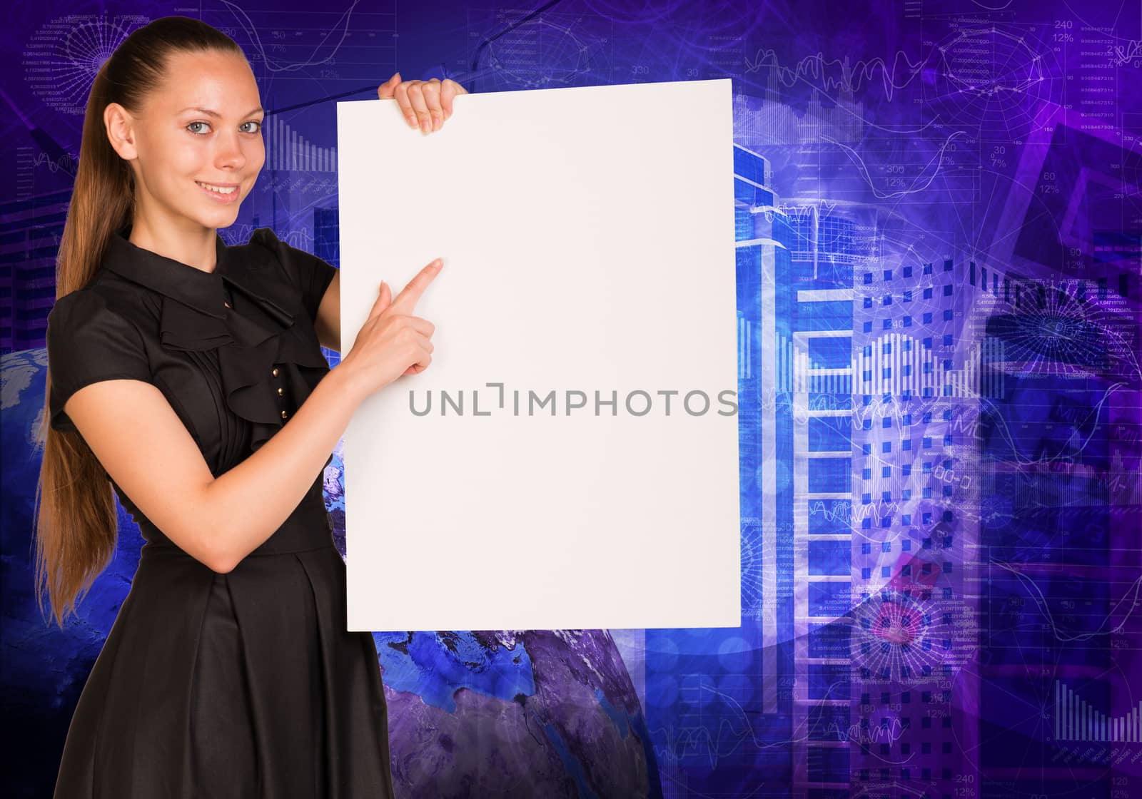 Beautiful businesswoman in dress holding empty paper sheet. Earth and buildings on background by cherezoff