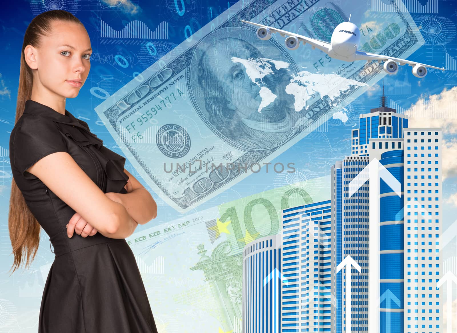 Beautiful businesswoman in dress with crossed arms. Buildings, money, airplane and world map as backdrop