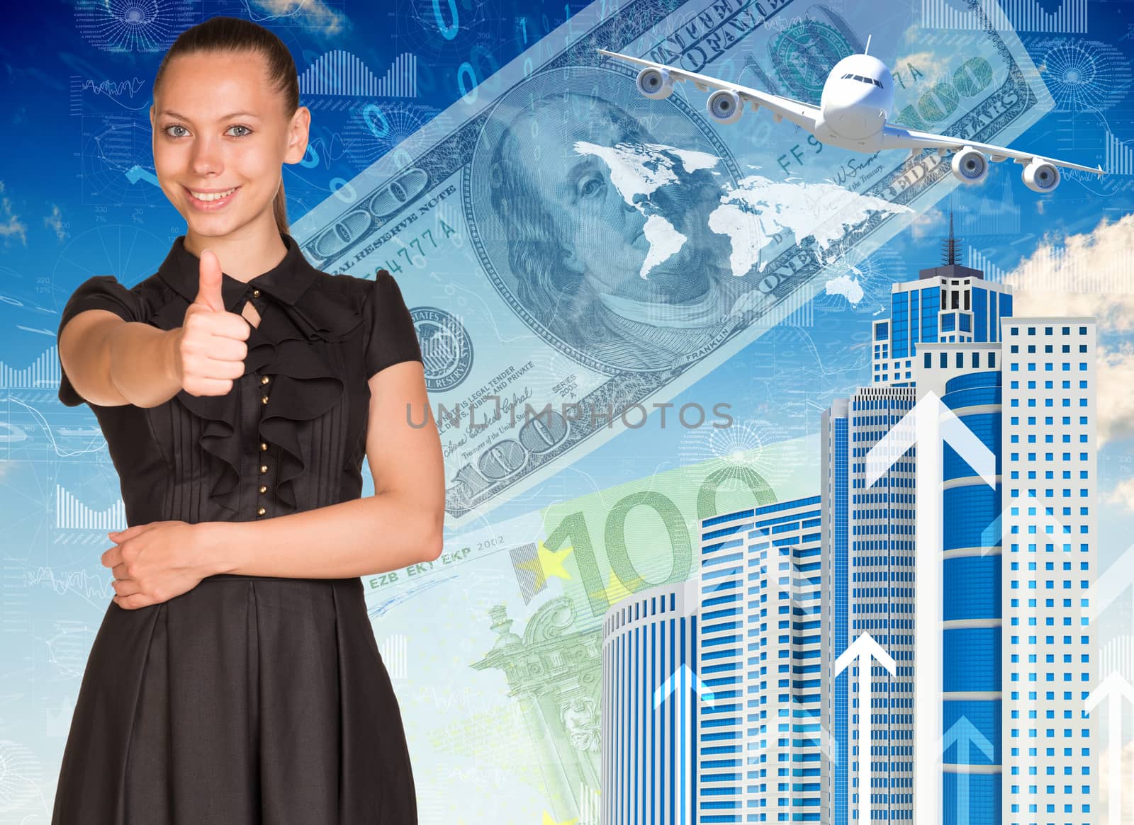 Beautiful businesswoman in dress smiling and showing thumb-up. Buildings, money, airplane and world map as backdrop