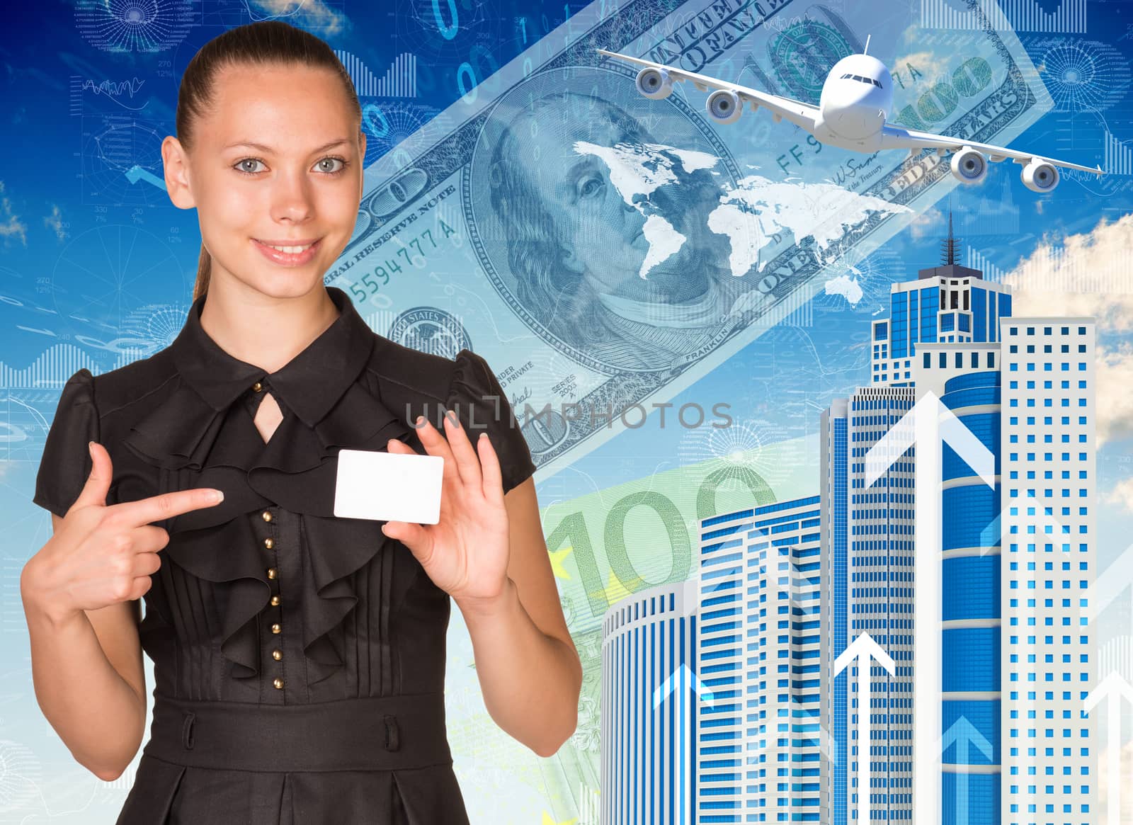Beautiful businesswoman in dress holding empty white card and pointing finger at her. Buildings, money, airplane and world map as backdrop