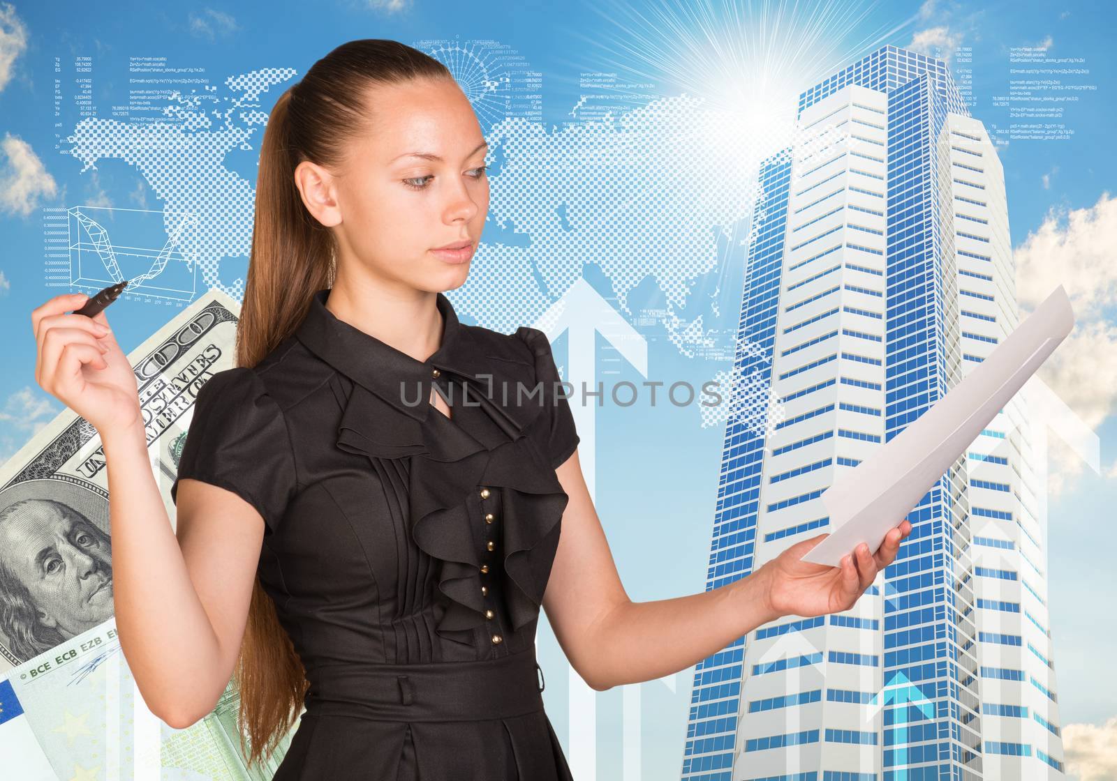 Beautiful businesswoman in dress marker and paper sheets. Building, money and world map as backdrop