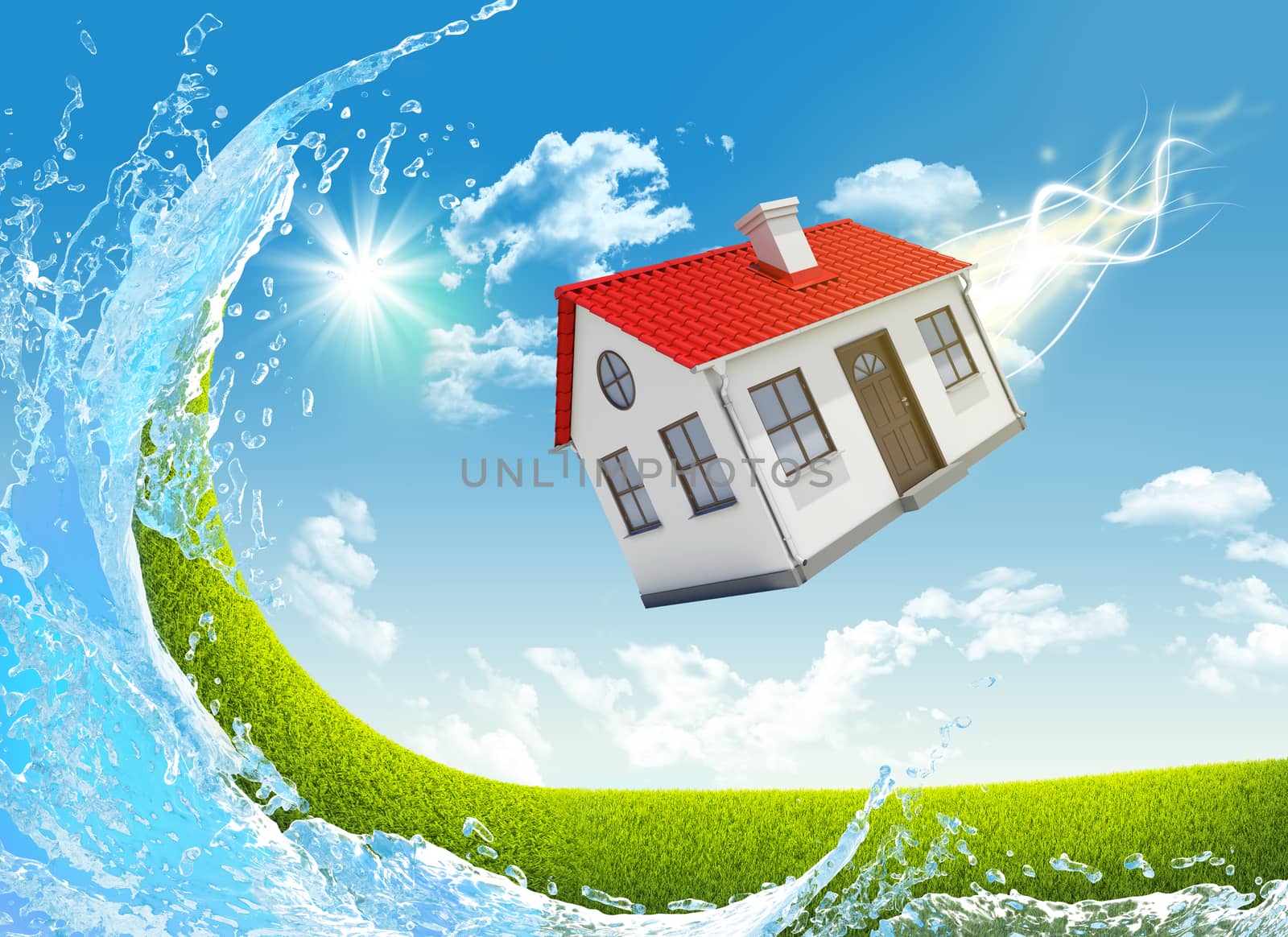 House is falling from the sky. Nature landscape with water on background by cherezoff