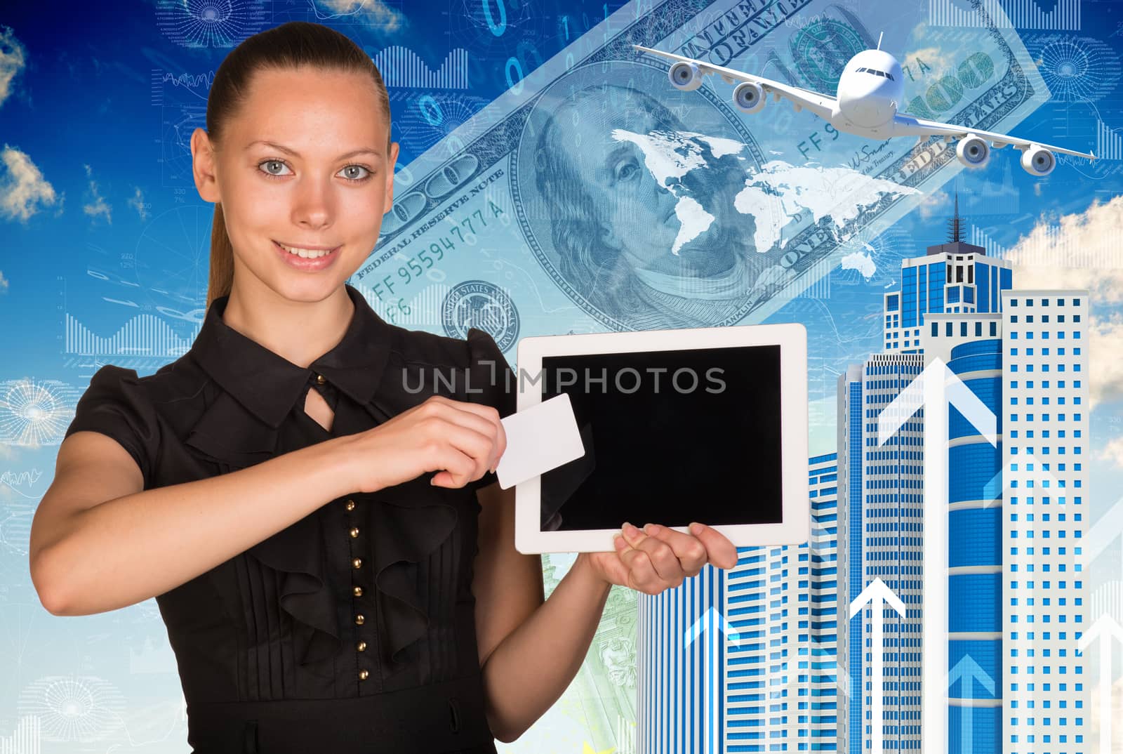 Beautiful businesswoman holding tablet and white empty card near screen. Buildings with money as backdrop by cherezoff