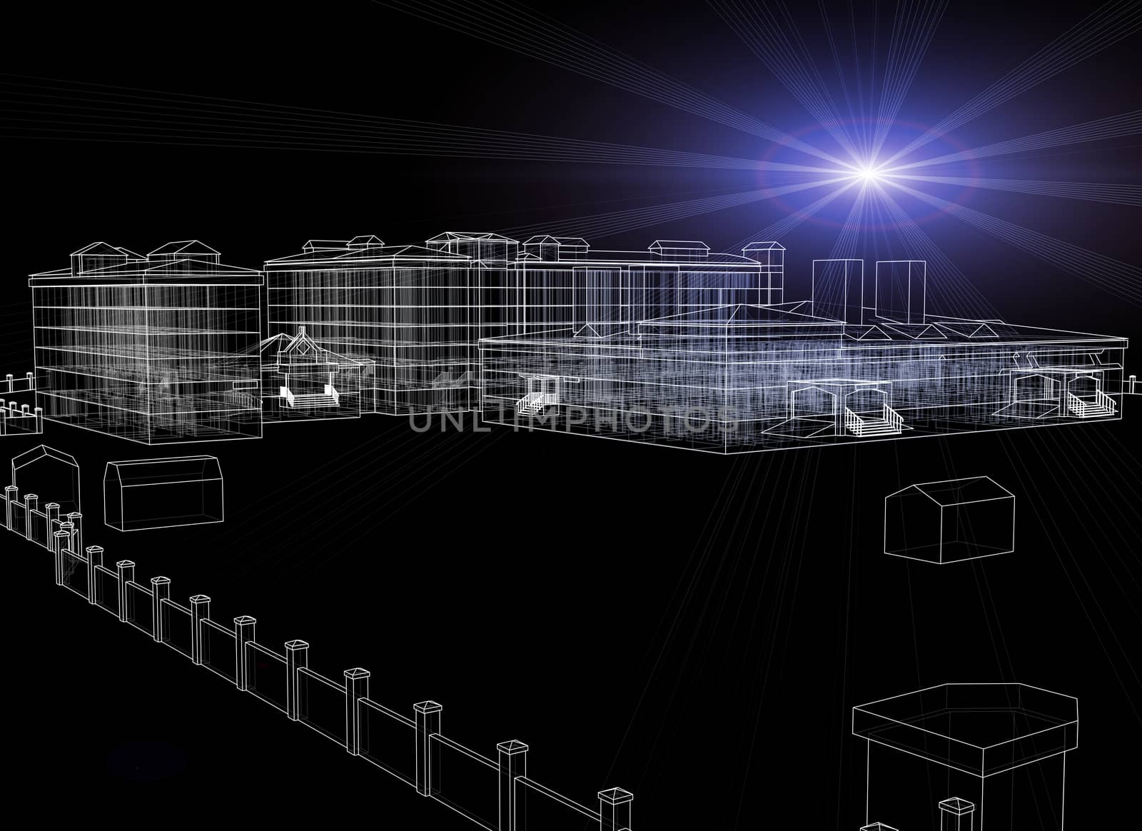 Wire-frame buildings with light on dark background. Construction concept