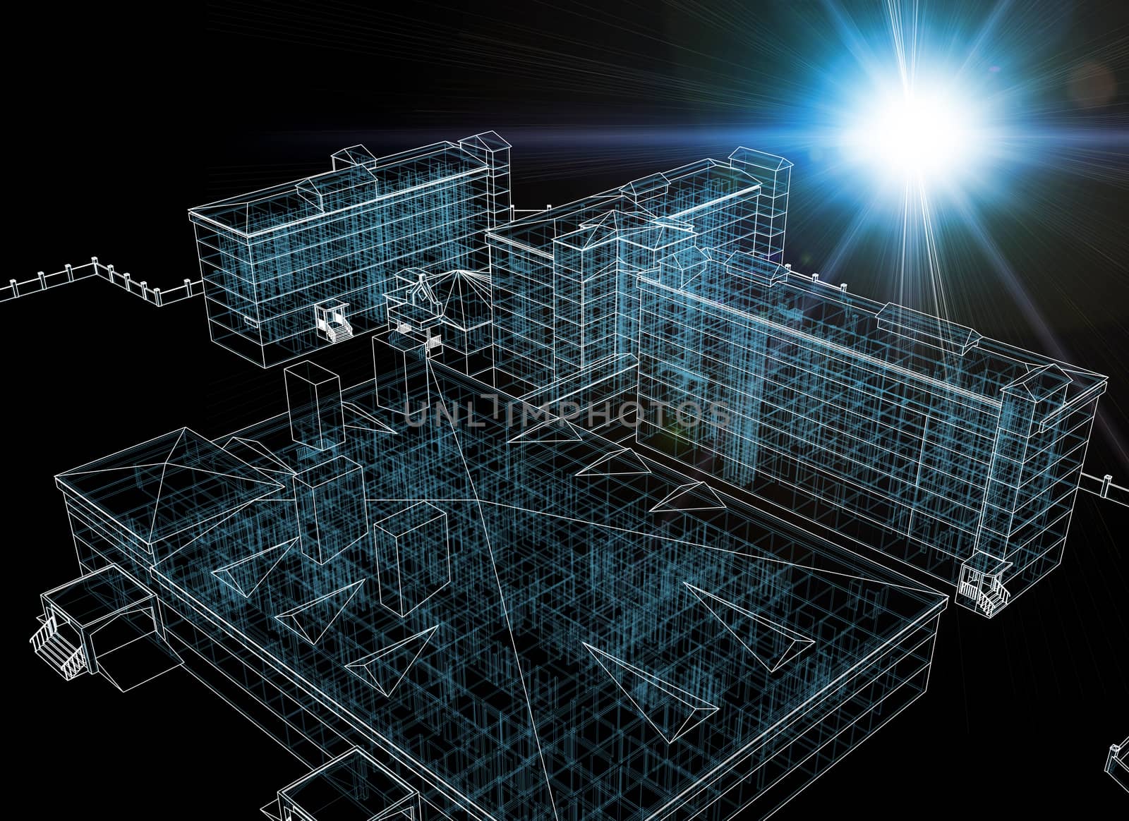 Wire-frame buildings with light on dark background. Construction concept