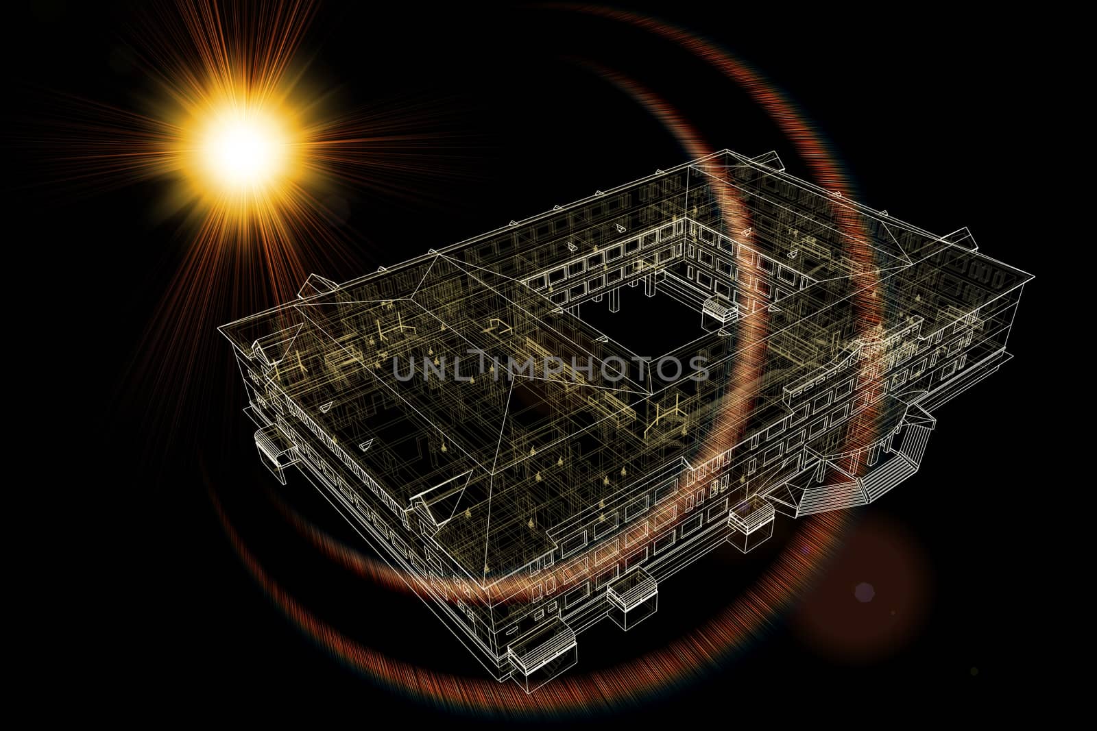 Wire-frame buildings with light on dark background. Construction concept