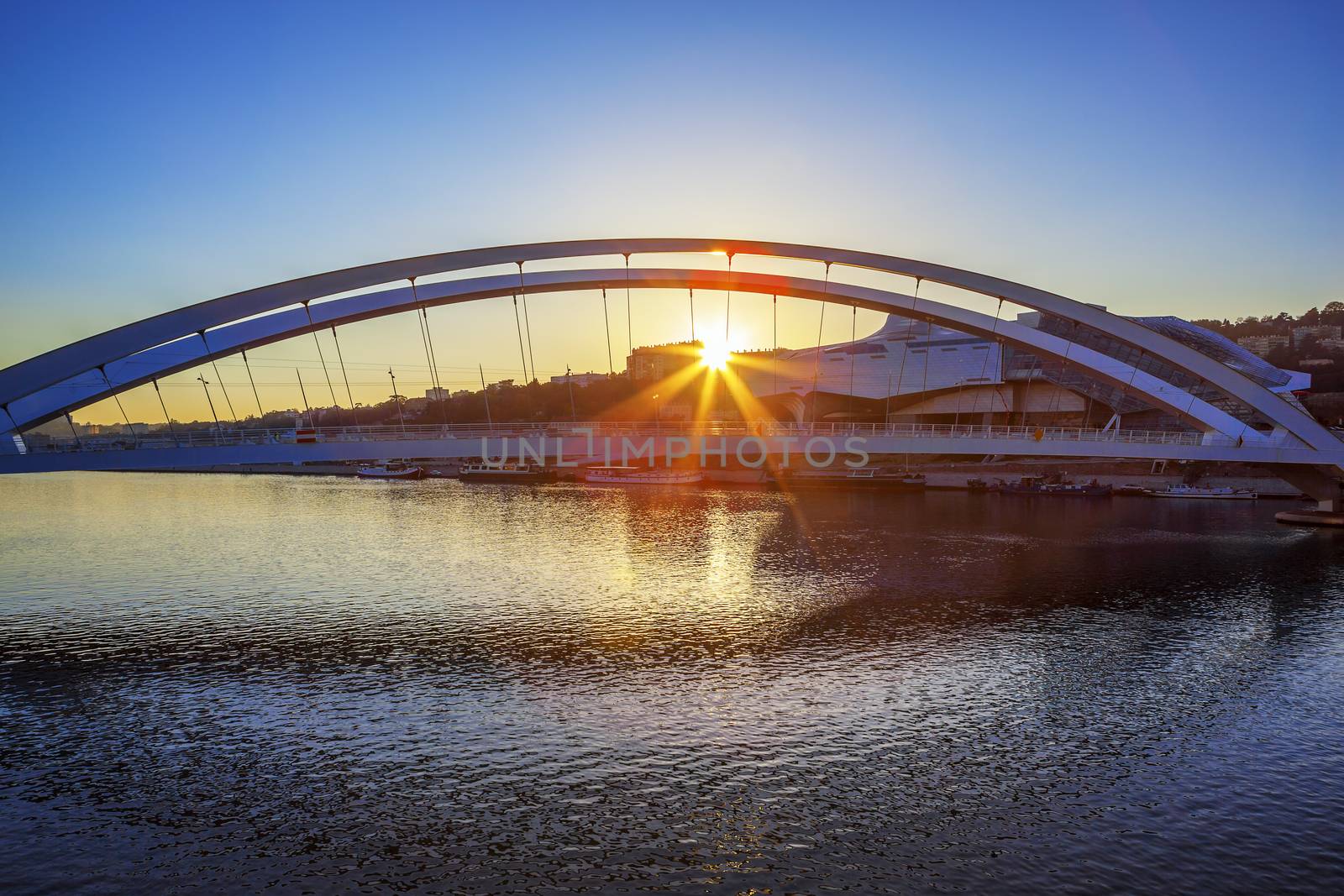 Famous bridge in Lyon at sunset, France