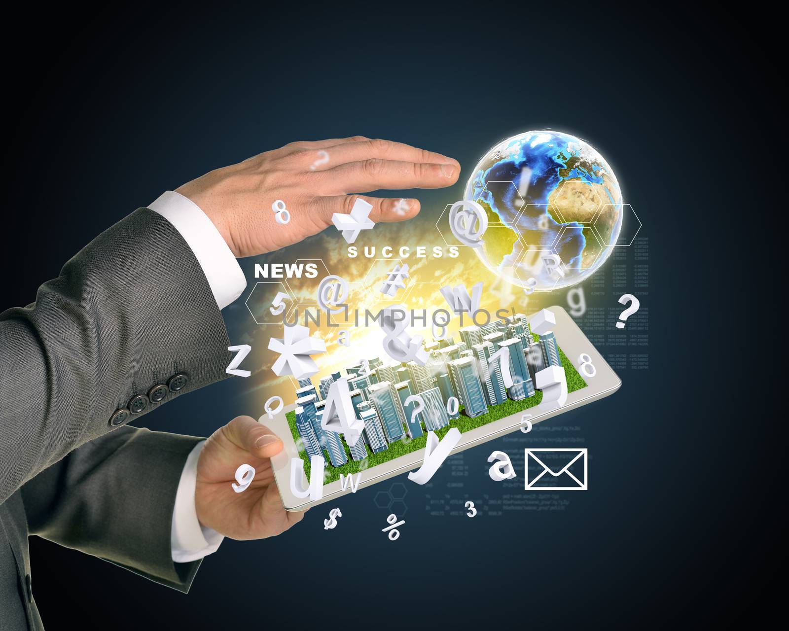 Man hands using tablet pc. Business city on touch screen. Earth with flying letters near computer by cherezoff