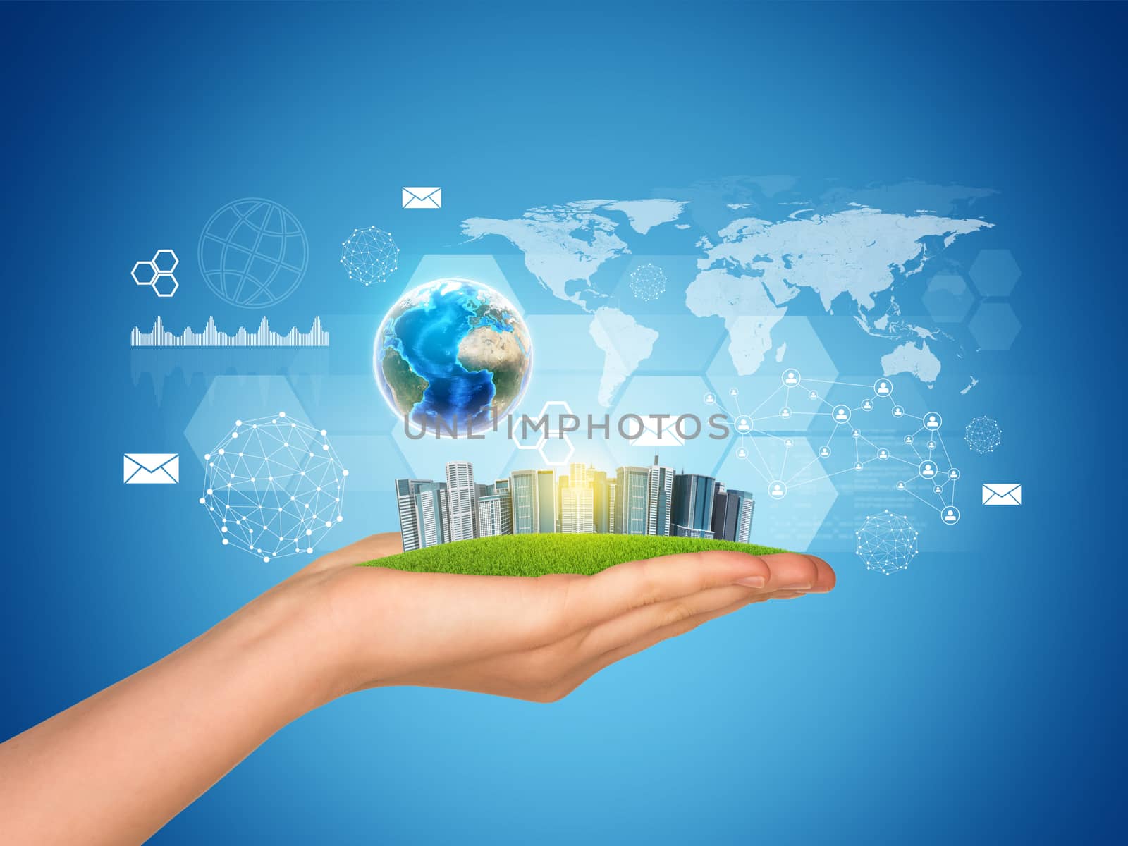 Hand holds city of skyscrapers. Earth globe, network and world map in background. Element of this image furnished by NASA