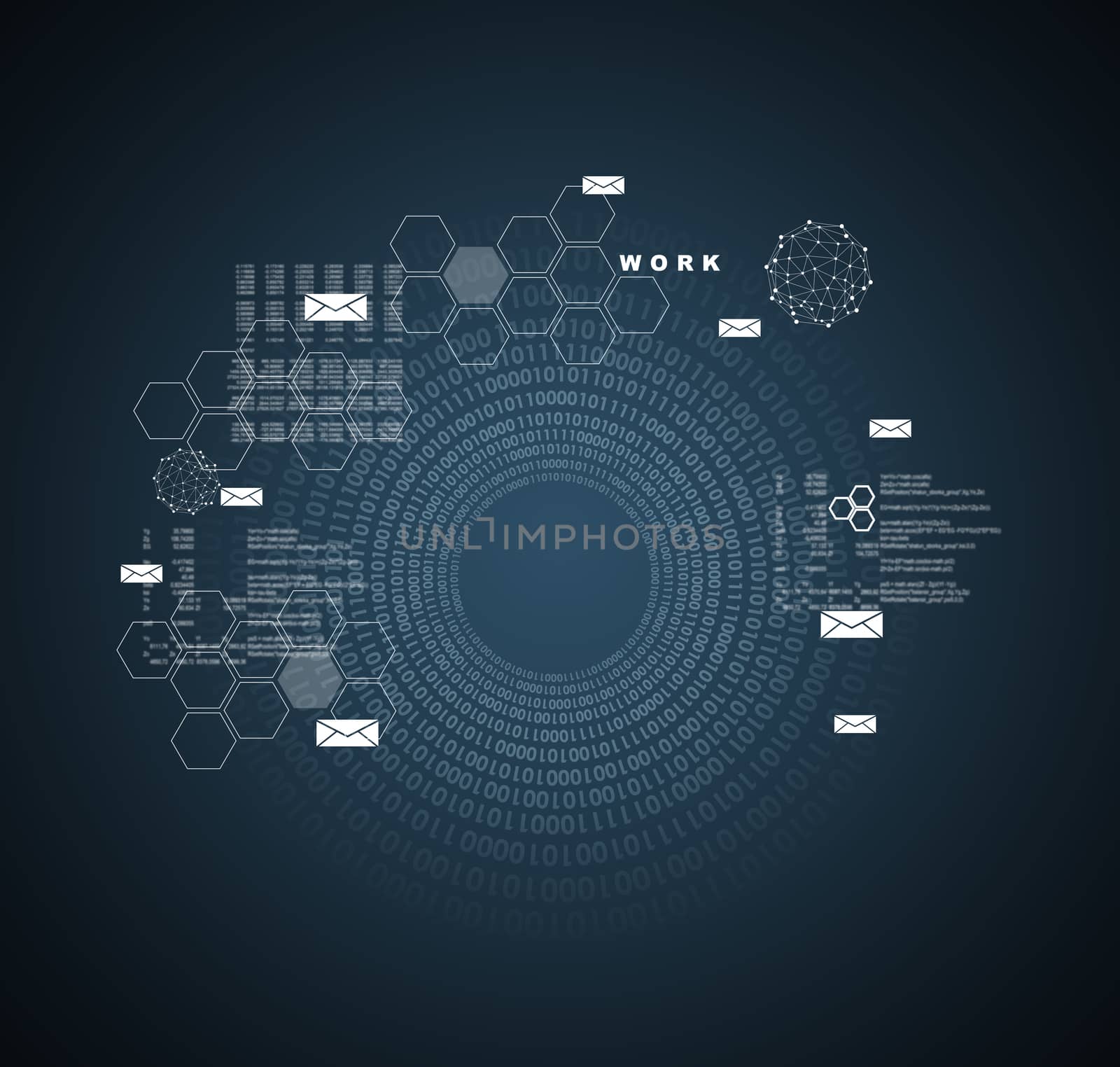 Cirlce of figures, hexagons and envelopes. Concept background