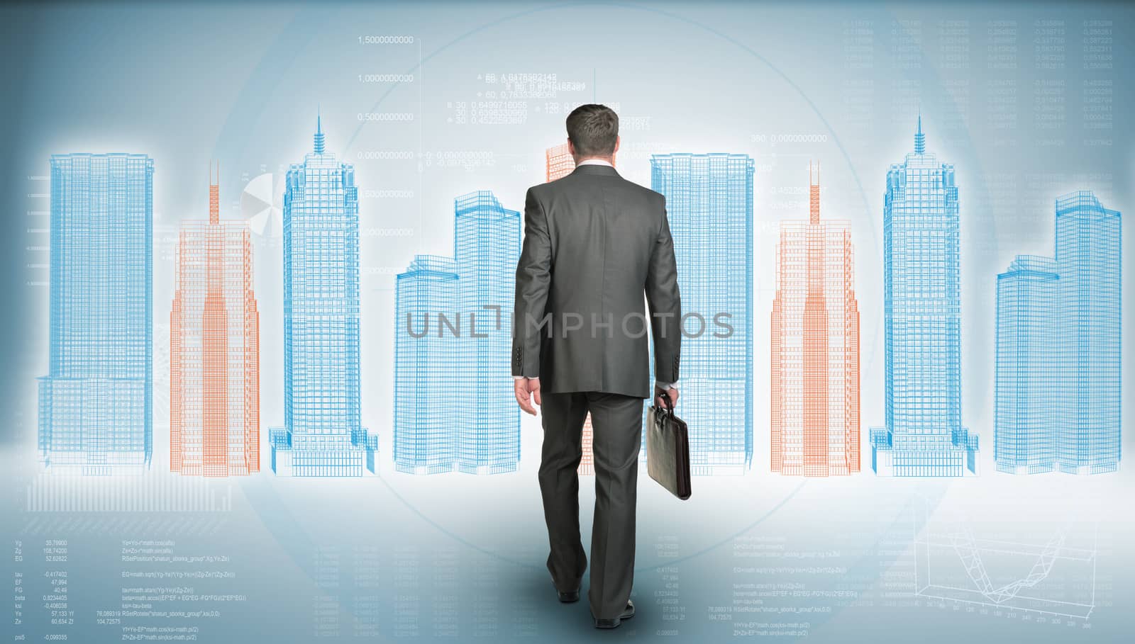 Businessman in suit holding briefcase and goes forward. Rear view. Wire-frame glowing building on background. Business concept