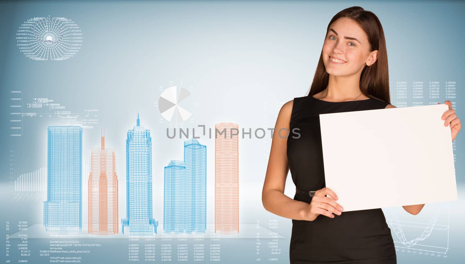 Businesswoman hold paper sheet. Wire-frame glowing buildings on transparent plane. Graphs as backdrop