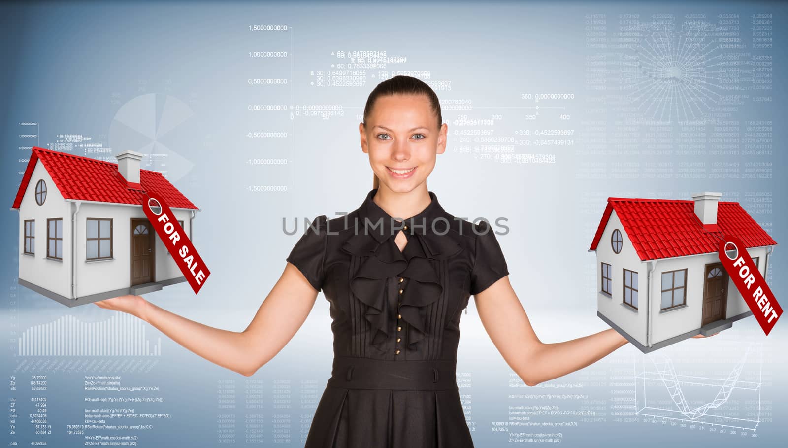 Businesswoman holding two house with tags for sale and rent. Hi-tech graphs as backdrop. Business concept